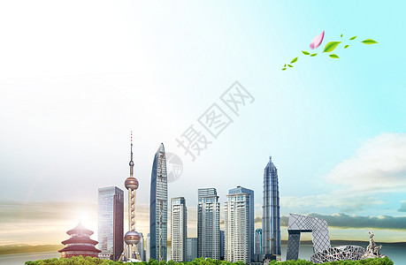 上海明珠塔数码合成旅行羊城城市地标建筑背景