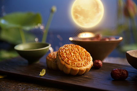 枣池塘静物月亮中秋节月饼背景