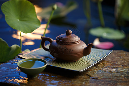 荷花月亮边框茶杯茶具背景