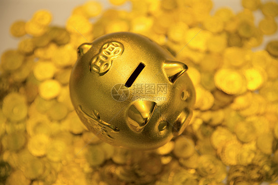 户内黄金金色存钱罐和金币图片