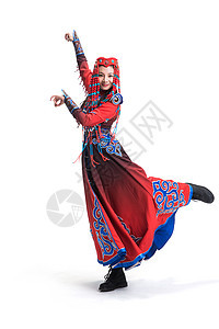 全身像亚洲传统服装穿着蒙古族服饰的女人图片