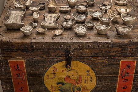 文化排列木箱子银元宝背景图片