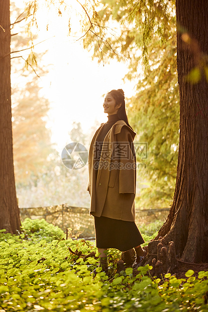 秋季黄昏美女看秋色风景图片