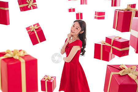 红色漂亮的人亚洲人漂亮的年轻女人与礼物图片