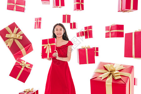 亚洲人成年人高兴的漂亮的年轻女人与礼物图片