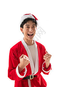 红色兴奋东方人穿着圣诞服激动的青年男人图片