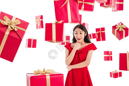 惊喜亚洲人漂亮的人漂亮的年轻女人与礼物图片