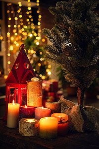 圣诞节蜡烛松树静物高清图片