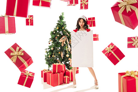 中国传统节日海报展示金色站着过圣诞节的年轻女人拿着白板背景