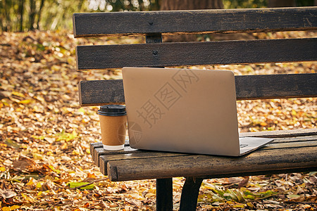 公园长椅上的笔记本电脑与咖啡图片
