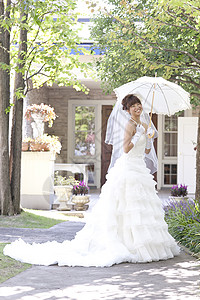 撑阳伞在花园的新娘图片
