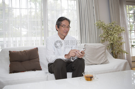 客厅沙发上的中老年男性使用手机图片