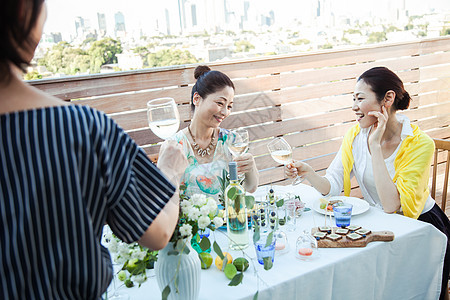 花园里聚会干杯庆祝的中年妇女图片