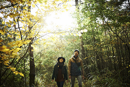旅行者野营夫妇漫步在森林里图片
