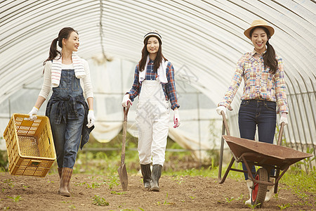 三个女人拿着工具走在农田里图片