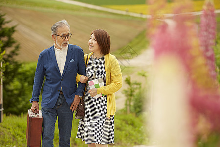 在公园草地上聊天漫步的夫妇图片