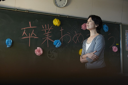 站在黑板前思考的女教师背景图片