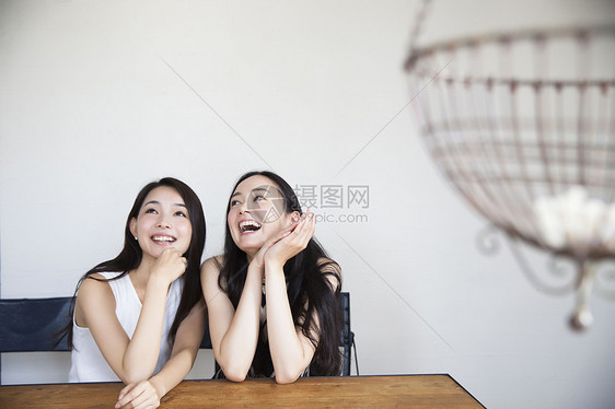坐在桌后的两名长发女性图片
