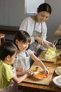 蔬菜插画妈妈教孩子学习烹饪背景