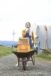 女人在田间小路上推着独轮车图片