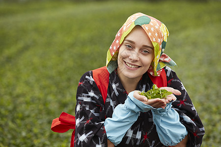  双手捧茶叶的外国女性图片