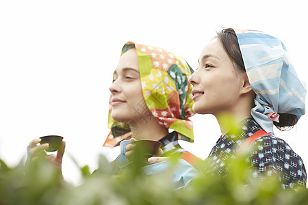 品味新鲜茶叶的女子图片