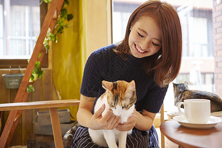 在猫咖抱着猫玩的女人高清图片