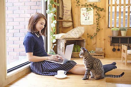 女人在咖啡馆和猫一起玩图片