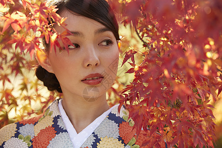 红色枫叶和服女人肖像图片