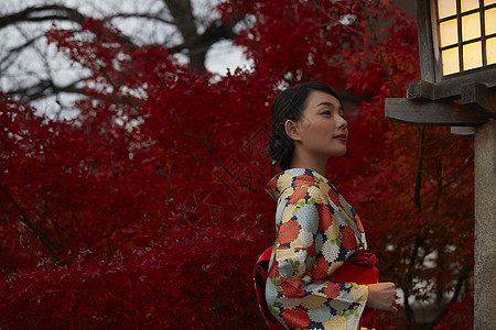 红色枫叶日式和服女人肖像图片