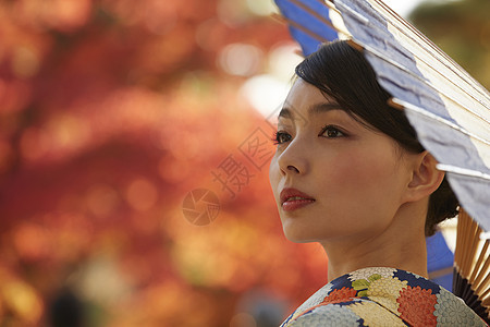 红色枫叶日式和服女人肖像图片