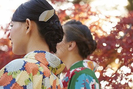 一起观赏红枫叶的两个女人图片