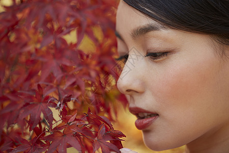  闻枫叶的女性图片