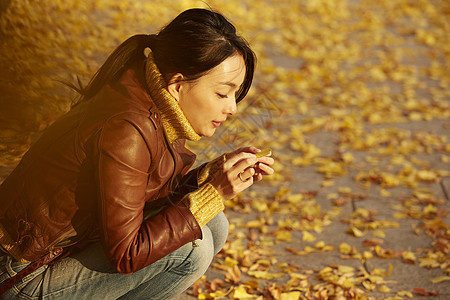 女人蹲在地上拿着银杏叶图片