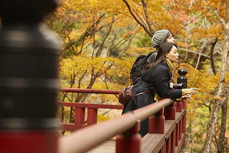 在红枫林旅游拍照的外国美女和日本美女图片