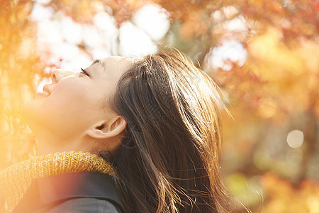 年轻女人观赏秋天枫叶图片