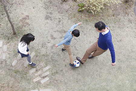 户外庭院踢球玩耍的父亲和孩子们图片
