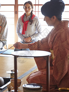 老师凉亭漂亮外国游客参观茶道图片