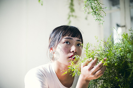 欣赏绿叶的美丽女孩图片