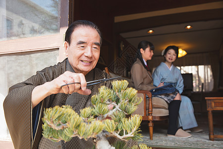 老人在院中修剪绿植图片