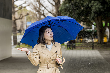 下雨天撑着雨伞播报的年轻女性背景图片