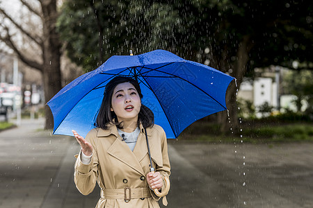 户外下雨的街道播报新闻的年轻女记者图片