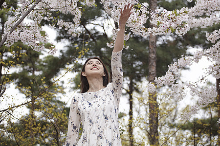 樱花树下开心的年轻女子图片