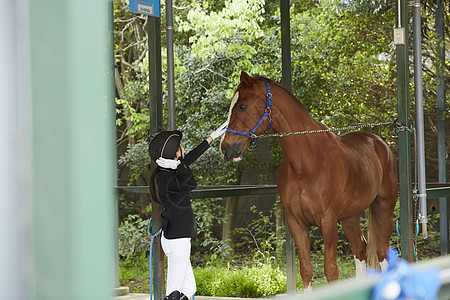 马场与马匹亲密接触的女性背影图片