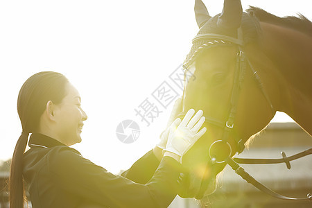 马术俱乐部轻抚着马的年轻女性图片