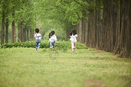 在草地上奔跑追逐的小朋友图片素材