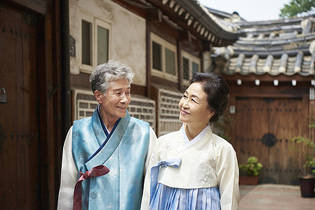五行学说并排站着的穿朝鲜服饰的爷爷奶奶背景