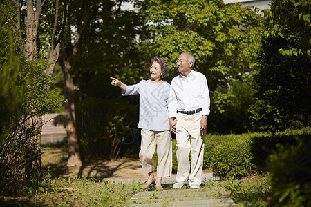 手牵手公园散步的老年夫妇图片