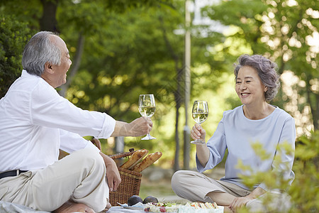 户外野餐拿着酒杯的老年夫妇图片