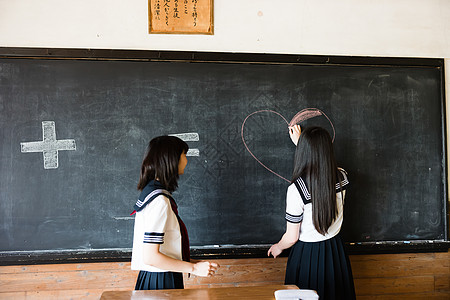 在黑板上写字画画的高中女孩背景图片